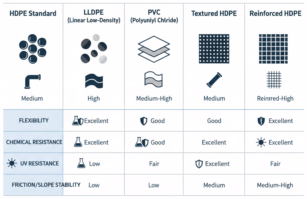 comparativo tipos de geomembrana PEAD LLDPE PVC características técnicas