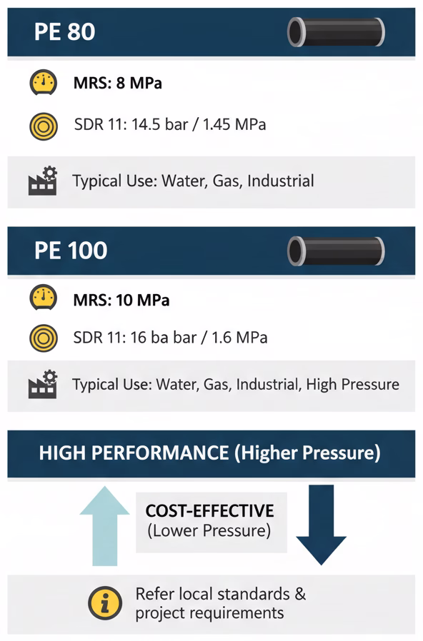 comparativo técnico PE 80 versus PE 100 SDR pressão máxima admissível