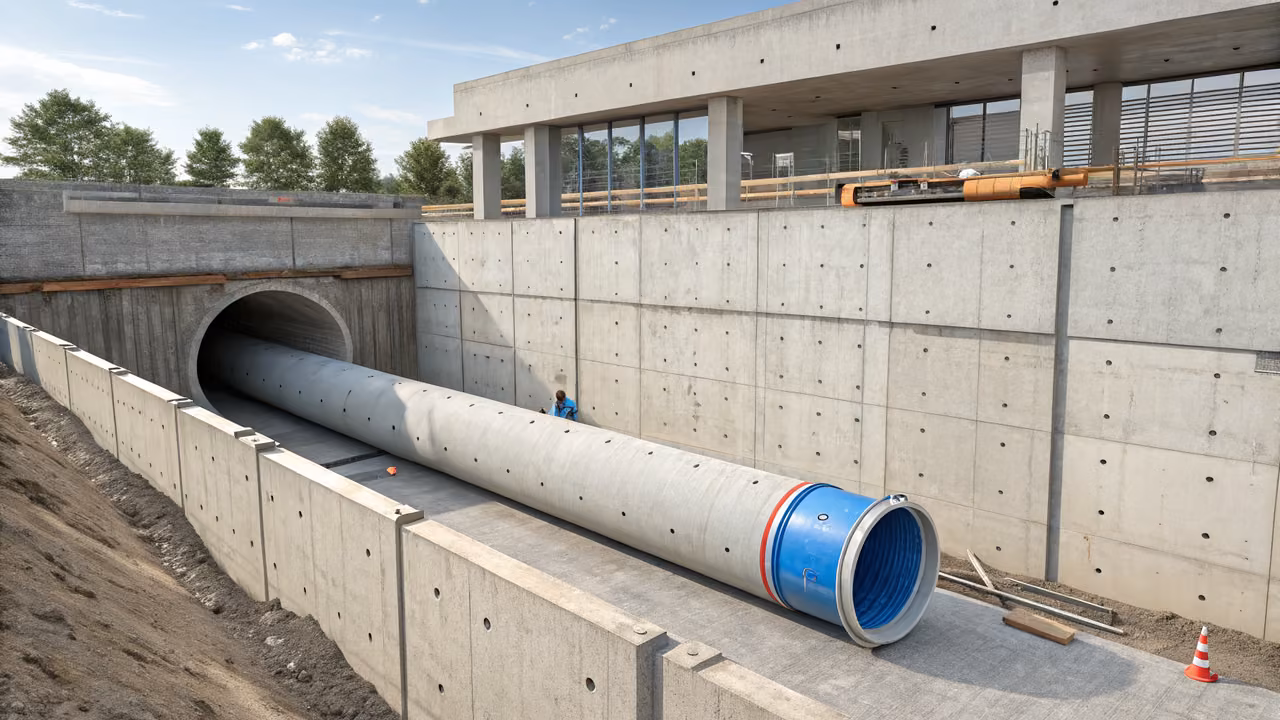 corte técnico de revestimento PEAD ancorado em estrutura de concreto