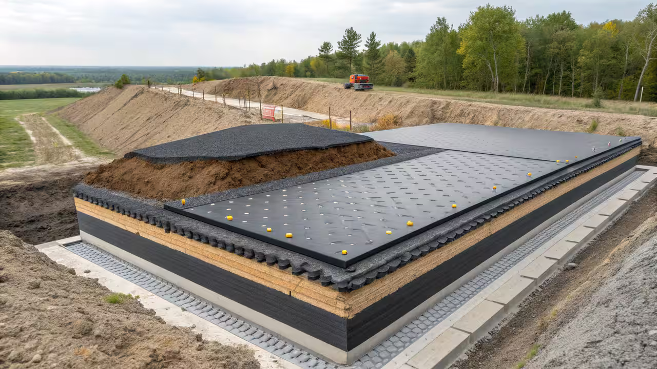 estrutura interna de geomembrana HDPE corte transversal camadas polímero